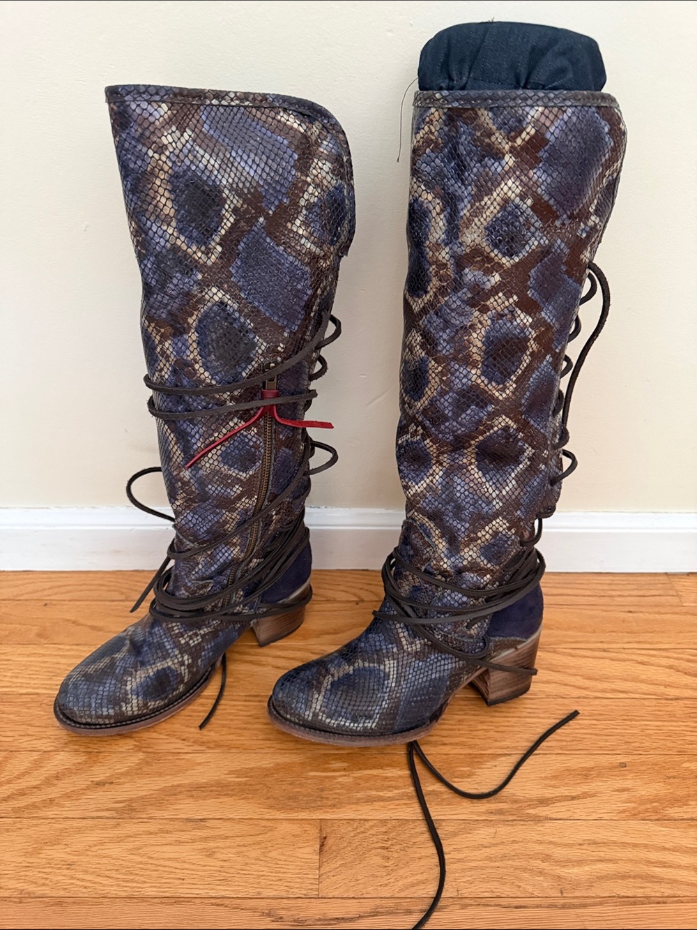 Freebird by Steven Blue and Brown Snake-Print Over-the-Knee Lace-Up Boots